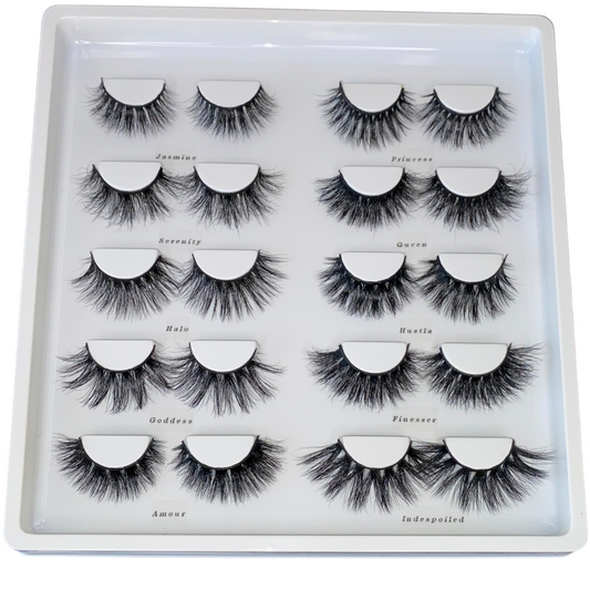 Lash Book (10-Pairs)-High Volume, Medium Volume-Each lash book includes (10) Luxury Mink lashes. The (Natural) Lash Book includes: Jasmine, Princess, Serenity, Queen, Royalty, London, Honey, Sassy, Charmer, and Butterfly The (Dramatic) Lash Book includes: Jasmine, Princess, Serenity, Queen, Halo, Goddess, Amour, Hustla, Finesser, and Indespoiled Description Handmade, Cruelty-Free, Wear up to 30x Material: 100% Mink Band: Black Cotton Band Volume: Medium/High Volume Style: Flirty, Open-eye, Doll-